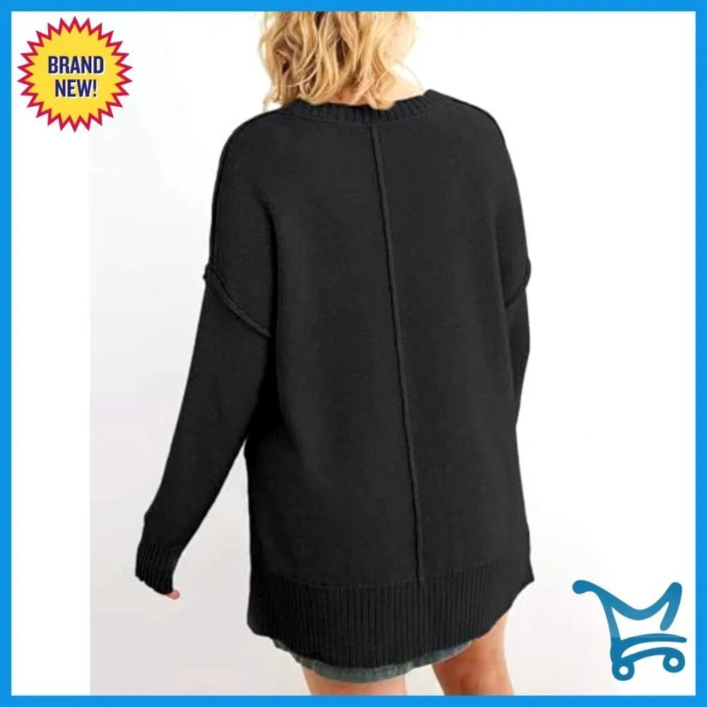 Oversized Pullover Sweater Tunic Length Side Split Casual Loose Fit